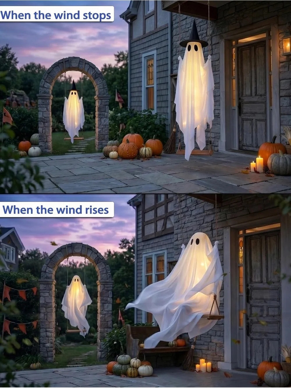 5 ft Tall LED White Ghost Outdoor Decor with Witch Hat - Illuminated Halloween